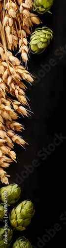 Raw Barley and Hops: Essential Ingredients for Craft Beer Brewing vertical banner - wide skyscraper - black background