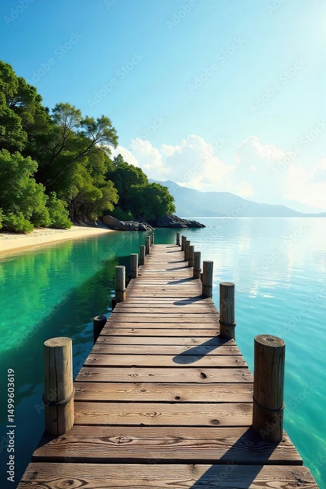 Fototapeta premium Tranquil scene of a wooden dock extending into calm waters, the shoreline lined with lush green vegetation Perfect for travel, nature, or serenity themes , escape, idyllic, vegetation
