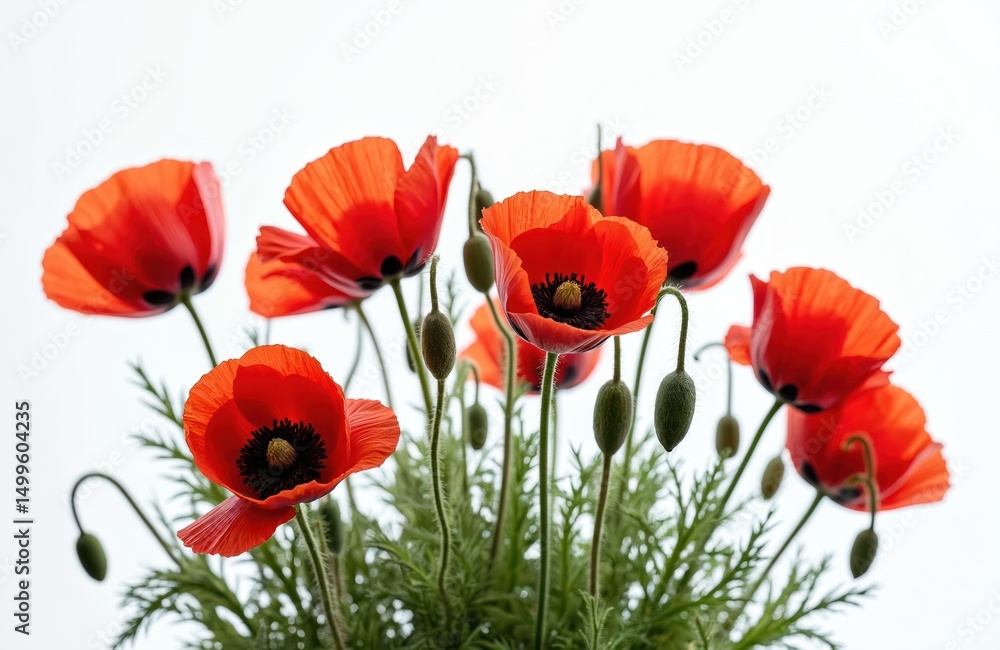 Naklejka premium Vibrant red poppy flowers isolated against white background. Summer bloom, petals with black centers, green stems with leaves. Perfect for design projects, nature, art, wallpaper. Symbolic of