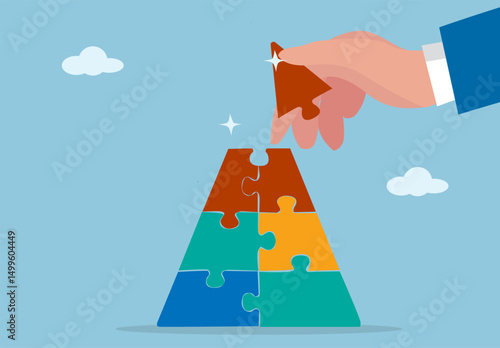 Business Strategy Puzzle Pyramid with Hand Putting Last Piece. Concept of Teamwork, Growth, Marketing Plan, and Corporate Development Illustration Vector