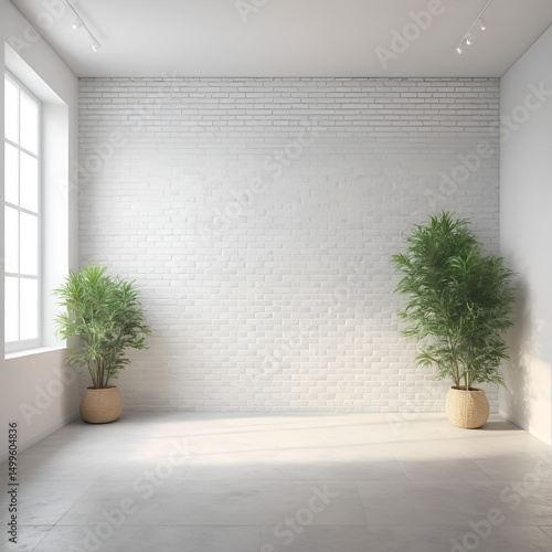 Pastel pale block brick stone empty room interior blank wall background or backdrop with plants window light shadows for online zoom presentations webinars and virtual meetings teams video call
