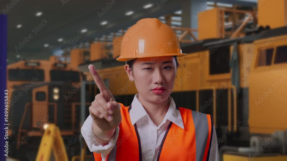 Close Up Of Asian Female Engineer With Safety Helmet Disapproving With No Index Finger Sign While Standing, Train Maintenance Engineers in a Depot Close Up Of Asian Female Engineer With Safety Helmet Disapproving With No Index Finger Sign While Standing, Train Maintenance Engineers in a Depot