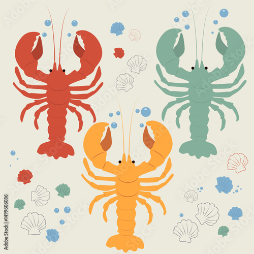 Set of illustrations of colorful crayfish under water. Large stickers of crayfish in red, yellow and green with air bubbles