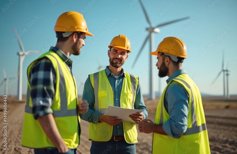 Engineers discuss wind turbine construction, maintenance, renewable energy. Men in safety vests, helmets collaborate at wind farm. Sustainable eco power tech on horizon. Alternative energy future. Engineers discuss wind turbine construction, maintenance, renewable energy. Men in safety vests, helmets collaborate at wind farm. Sustainable eco power tech on horizon. Alternative energy future.