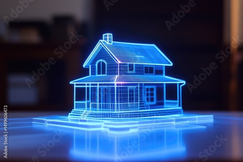 Holographic model of a house, glowing blue lines