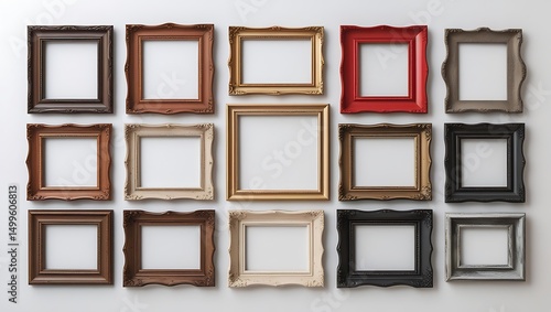 Twelve Empty Ornate Picture Frames in Various Colors