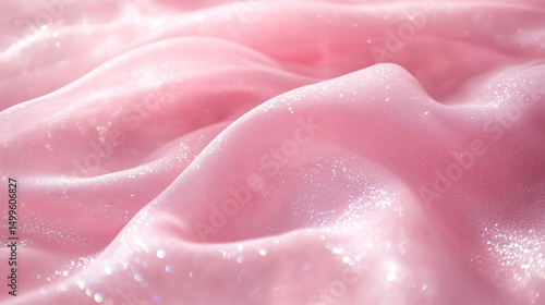 Colorful pastel pink background with a beautiful wave of tulle fabric, blurred with a bokeh effect. Soft pink texture with glitter and sparkling light. Background for a wedding card design.