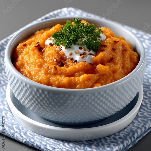 Orange pur?e in a textured light-blue bowl, topped with yogurt and herbs