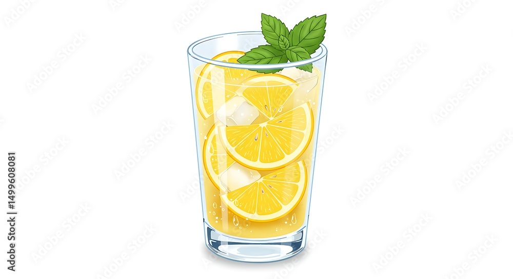 Fototapeta premium illustration of iced lemonade drink with fresh lemon slices, mint leaves, frosty glass with condensation, citrus summer beverage style on transparent background.