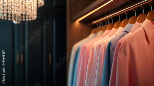 Elegant walkin closet with organized sections and crystal chandelier, highend interior idea