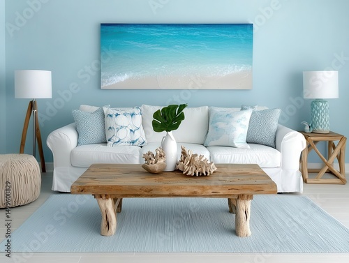 Coastal style living room with soft blue tones and driftwood decor, luxury beach renovation