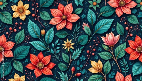 Intricate botanical pattern, repeating leaves & flowers, background, nature, graphic