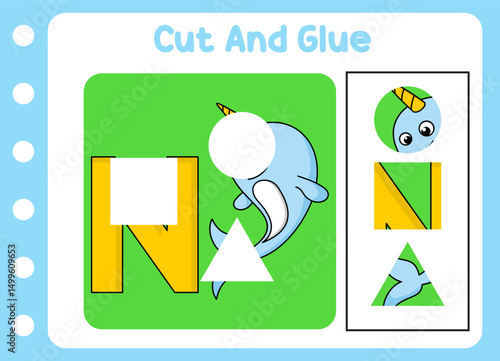 cut and glue animal cute narwhal. kids puzzle.