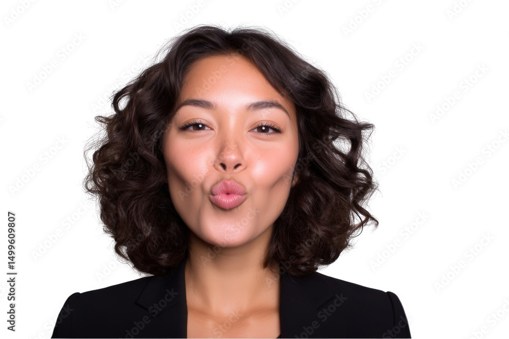 Expressive moment captured with a woman giving a playful kiss while dressed in a black blazer against a transparent background, demonstrating a lighthearted attitude ideal for social media or Expressive moment captured with a woman giving a playful kiss while dressed in a black blazer against a transparent background, demonstrating a lighthearted attitude ideal for social media or