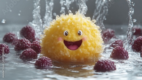 A cheerful yellow sponge with a happy face, surrounded by raspberries and water splashes