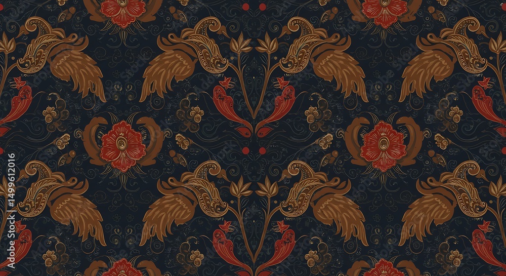 Traditional Indonesian batik pattern with bird and floral motifs in seamless vector design Traditional Indonesian batik pattern with bird and floral motifs in seamless vector design