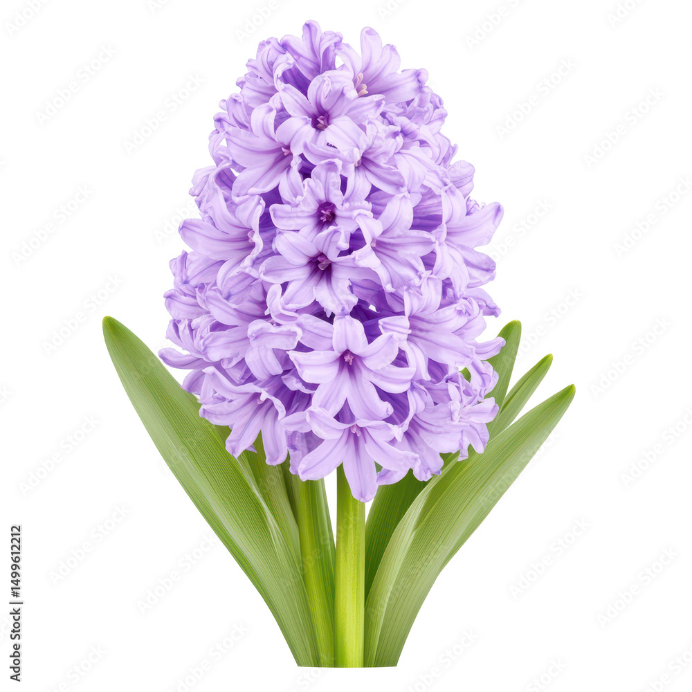 Fototapeta premium Hyacinth Elegance: A stunning close-up of a hyacinth flower in full bloom, showcasing its delicate purple petals and fresh green leaves. A timeless symbol of spring's arrival.