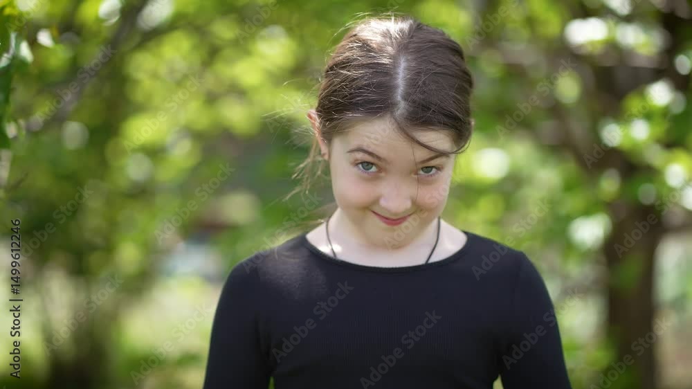 Surprised Girl Expresses Excitement With Her Head Thrown Back and Wide Eyes in Sunny Outdoor Garden Setting During Afternoon. Little cute teenage female outdoor, kid expression. Children on nature Surprised Girl Expresses Excitement With Her Head Thrown Back and Wide Eyes in Sunny Outdoor Garden Setting During Afternoon. Little cute teenage female outdoor, kid expression. Children on nature