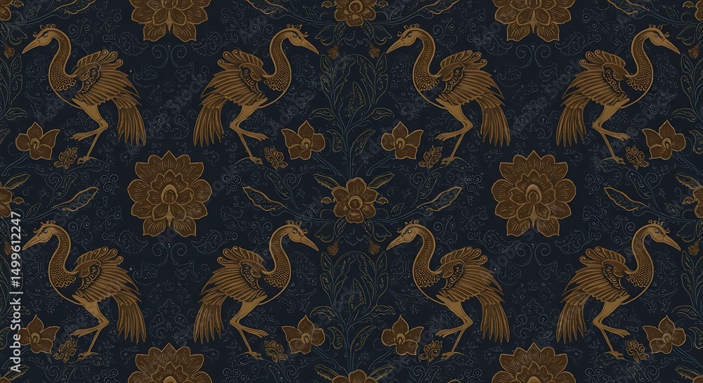 Traditional Indonesian batik pattern with bird and floral motifs in seamless vector design Traditional Indonesian batik pattern with bird and floral motifs in seamless vector design