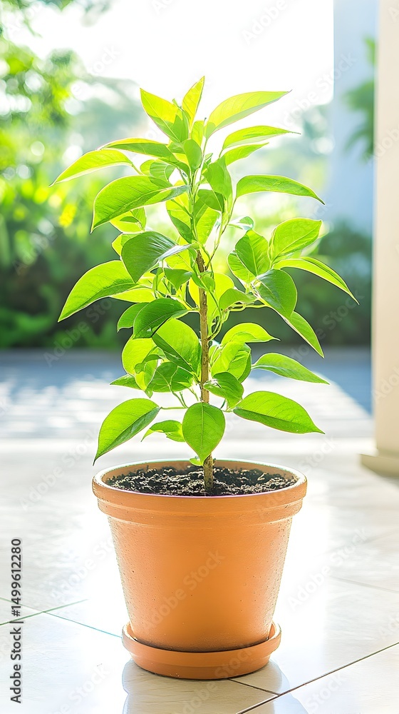 Obraz premium A vibrant green plant in a terracotta pot, bathed in sunlight, sits on a tiled floor near a doorway leading to a lush garden