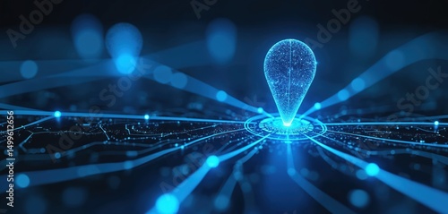 Futuristic illustration blue glowing location pins on map with one pin highlighted. Connected lines form path from point to destination on dark background. Tech, digital navigation design.