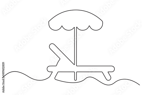 Continuous Line Drawing of Summer beach sunbed, Single line art sea umbrella and chair Vector Illustration
