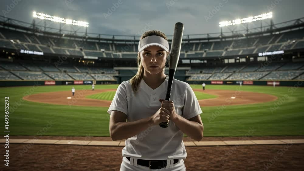 a talented female baseball player with a sports stadium background