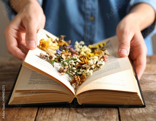 Hands delicately hold an open book filled with colorful pressed flowers, showcasing creativity.