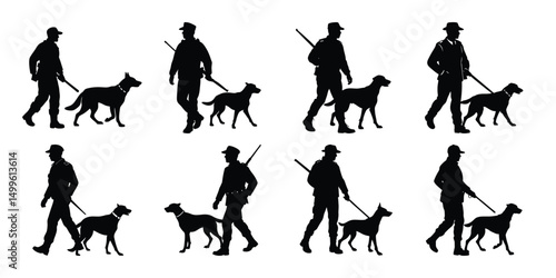 Vector set of a police man with dog. Silhouettes of officer with hunting dog.
