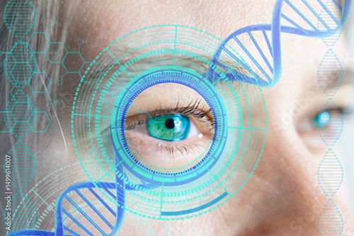 Photography girl 25-30 years old, close up part female face, human bionic eye, cutting-edge