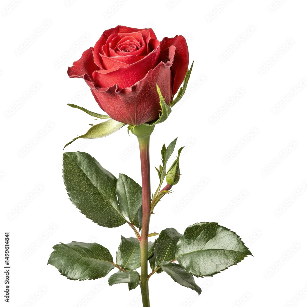 Obraz premium Elegant Red Rose on Green Stem Surrounded by Fresh Green Leaves in a Studio Setting transparent background png