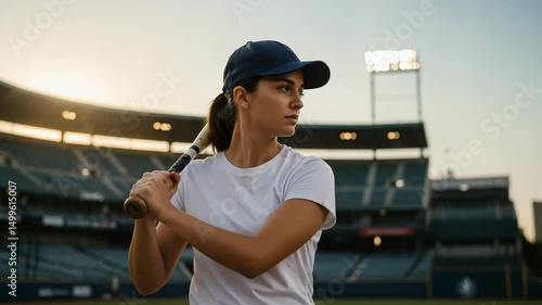a talented female baseball player with a sports stadium background