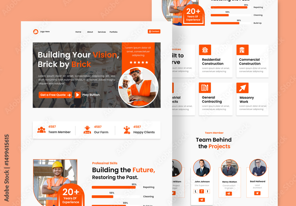 Construction Landing Page UX UI Design Stock Template | Adobe Stock