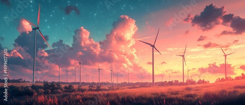 A wind farm with three wind turbines in a field