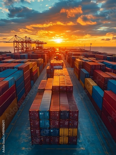 A vibrant sunset illuminates a vast expanse of colorful shipping containers neatly stacked on a cargo ship, with port cranes visible in the distance