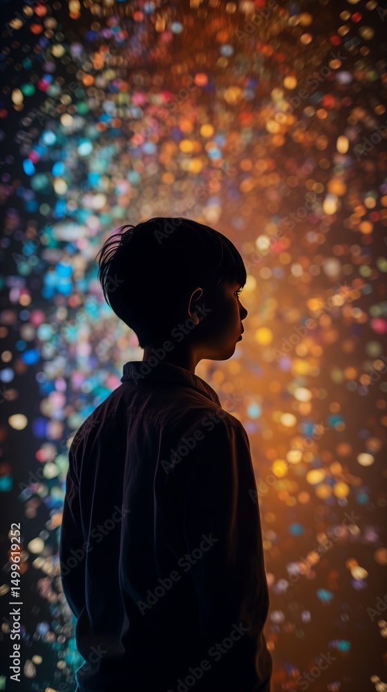 young boy in profile stands against a cascade of golden, orange, and blue bokeh lights. The warm, dreamy atmosphere evokes wonder, reflection, and quiet imagination. modern art exhibition for kids young boy in profile stands against a cascade of golden, orange, and blue bokeh lights. The warm, dreamy atmosphere evokes wonder, reflection, and quiet imagination. modern art exhibition for kids