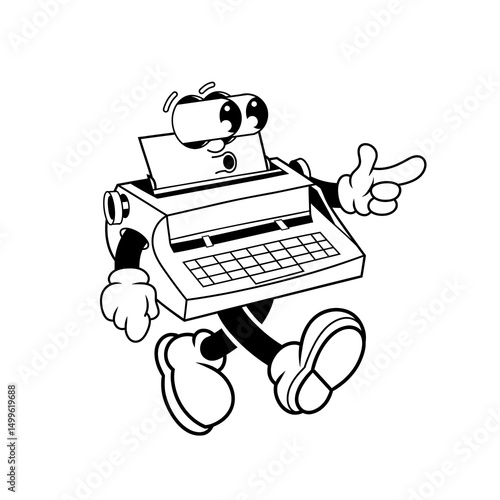 Retro character design of typewriter suprised outline