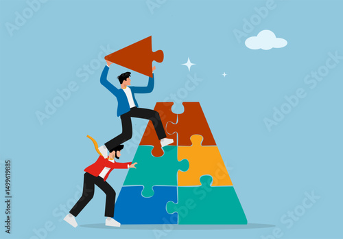 Two Businessmen Collaborating to Build Puzzle Pyramid for Business Growth, Teamwork Success, Problem Solving, and Strategic Planning Illustration Vector