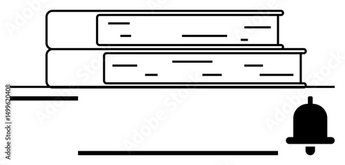 Stacked books resting on a shelf beside a notification bell. Ideal for education, learning, alerts, productivity, organization, focus, communication daily tasks. Flat simple metaphor