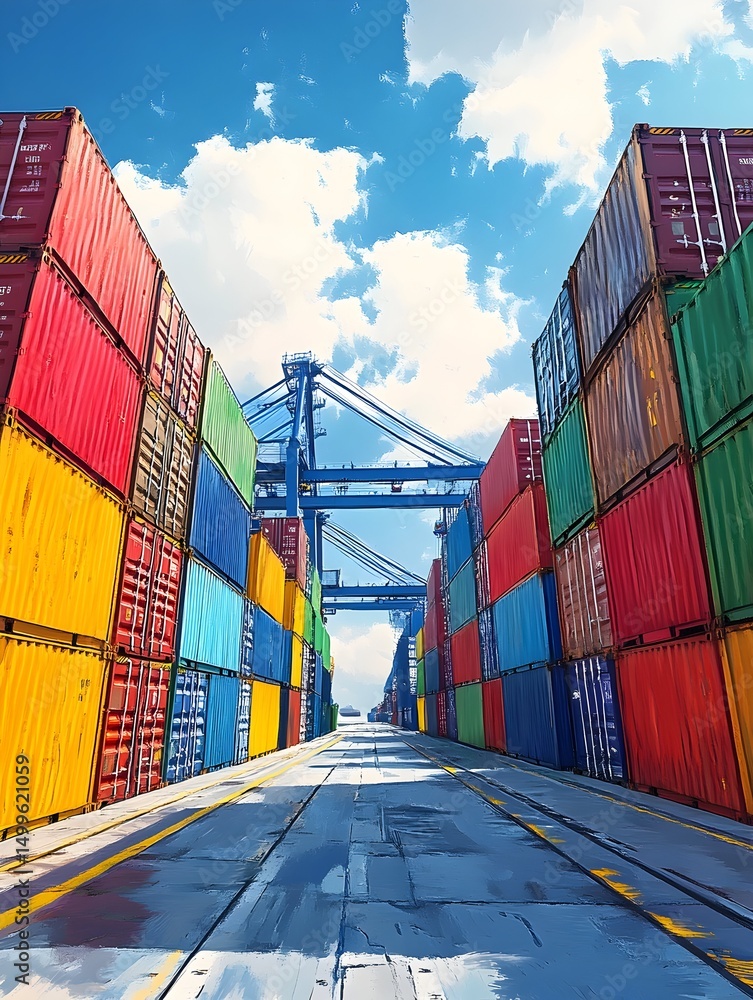 Fototapeta premium Colorful shipping containers line a roadway leading to large port cranes under a bright sky