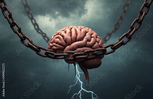 Conceptual artwork brain in chains against stormy sky. Mental constraints mental health issues struggles. Idea of trapped intellect challenge overcoming obstacles. Storm, lightning represent