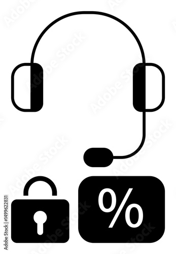Headset symbolizing communication, lock for data security, and percent sign indicating sales or finance. Ideal for customer service, cybersecurity, finance, consulting, e-commerce, tech support flat