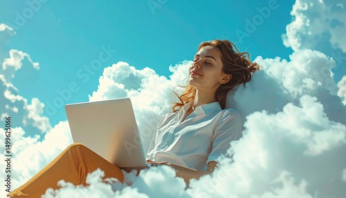 A woman sits on soft clouds using a laptop symbolizing digital freedom, cloud computing, remote work, and the dreamlike flexibility of modern tech