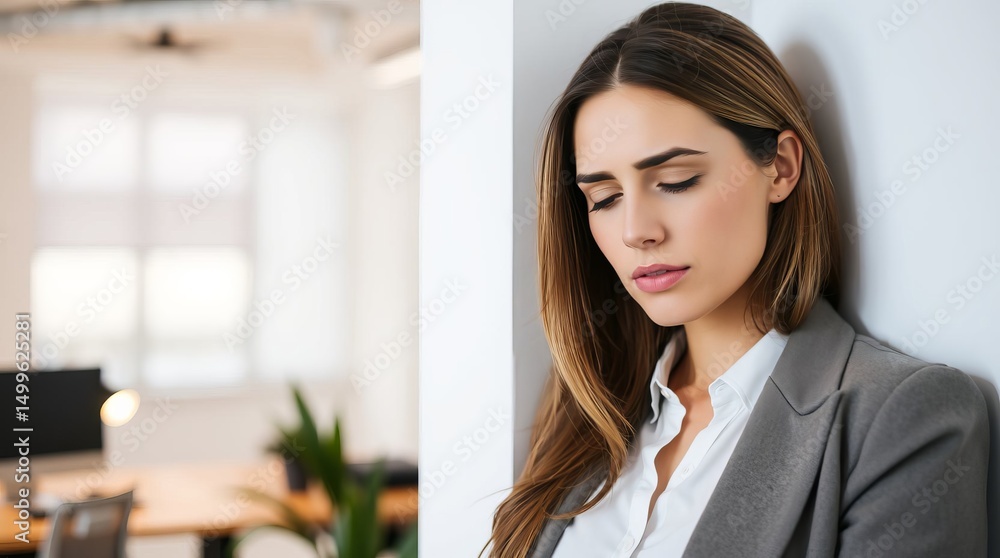 Young businesswoman leaning against wall in office from stress Young businesswoman leaning against wall in office from stress