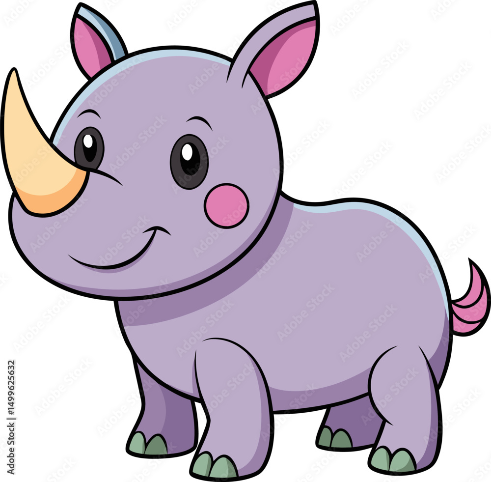 Naklejka premium Purple rhino cartoon with smiling expression and short legs drawn in vector style for kids designs