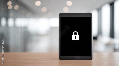 Tablet with lock icon on screen on wooden table in office