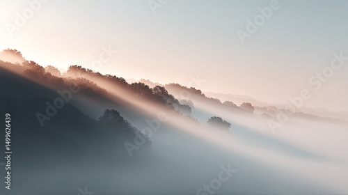 Misty forest hills with soft sunlight creating peaceful morning