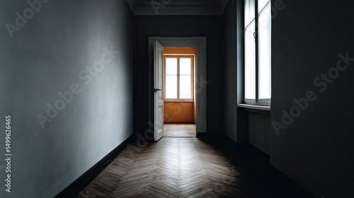 Dark empty hallway with open door and bright window light