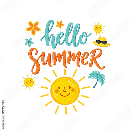 Hello summer colorful watercolor lettering with sun, seashells, starfish, and paint splatters on transparent background. Holiday vacation concept.