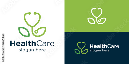 Creative simple health care logo template. Stethoscope with tree leaf for Medical clinic logo design vector illustration.